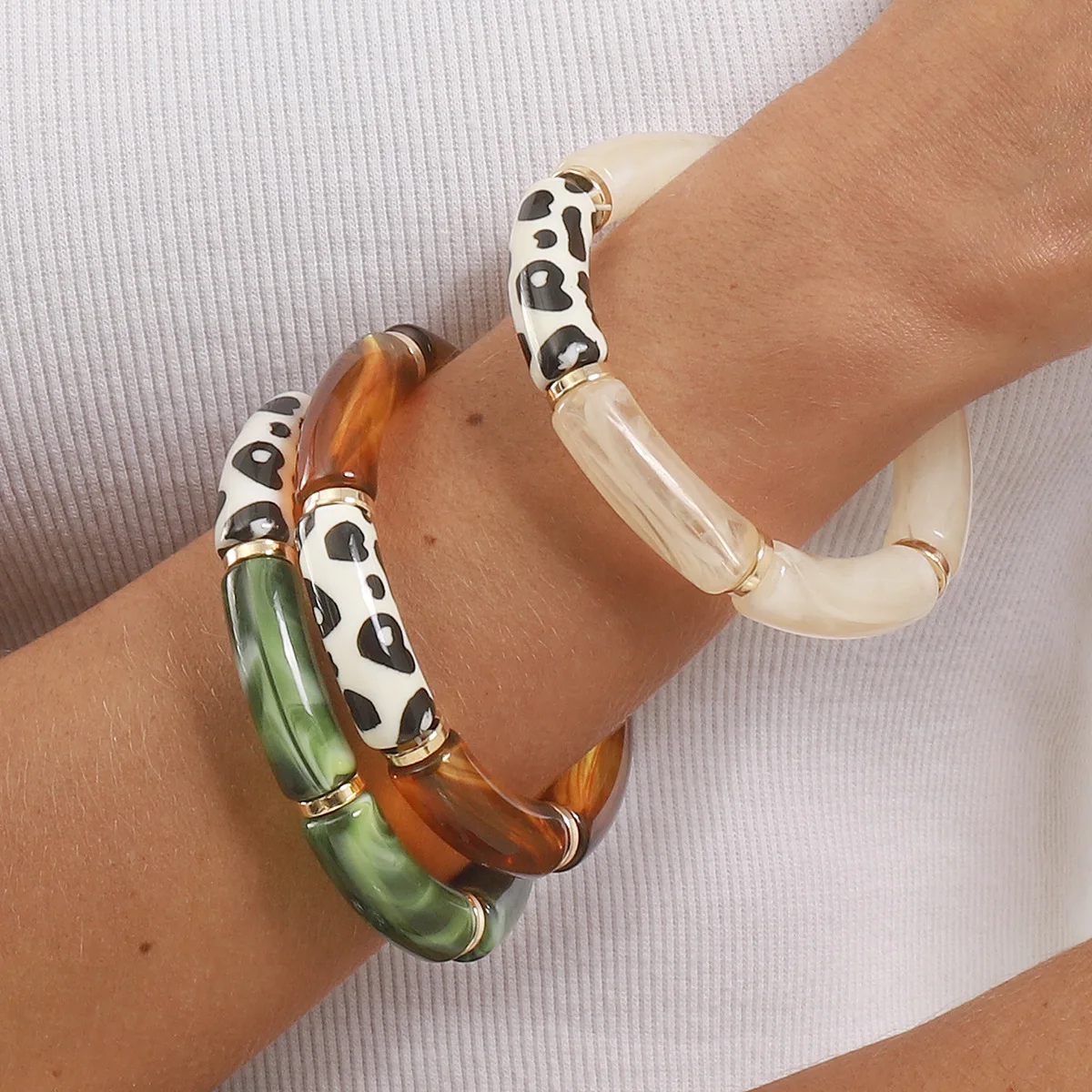 B3486 fashionable retro smudge resin bracelet, personalized geometric color matching leopard print elastic versatile bracelet