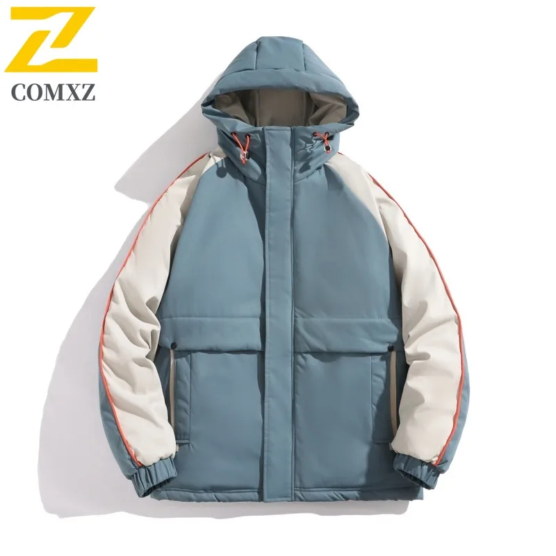 COMXZ Classic Down Jacket Hooded Splicing White Duck Down Windproof Coat Trendy Hiking Camping Lightweight Warm Winter Wear