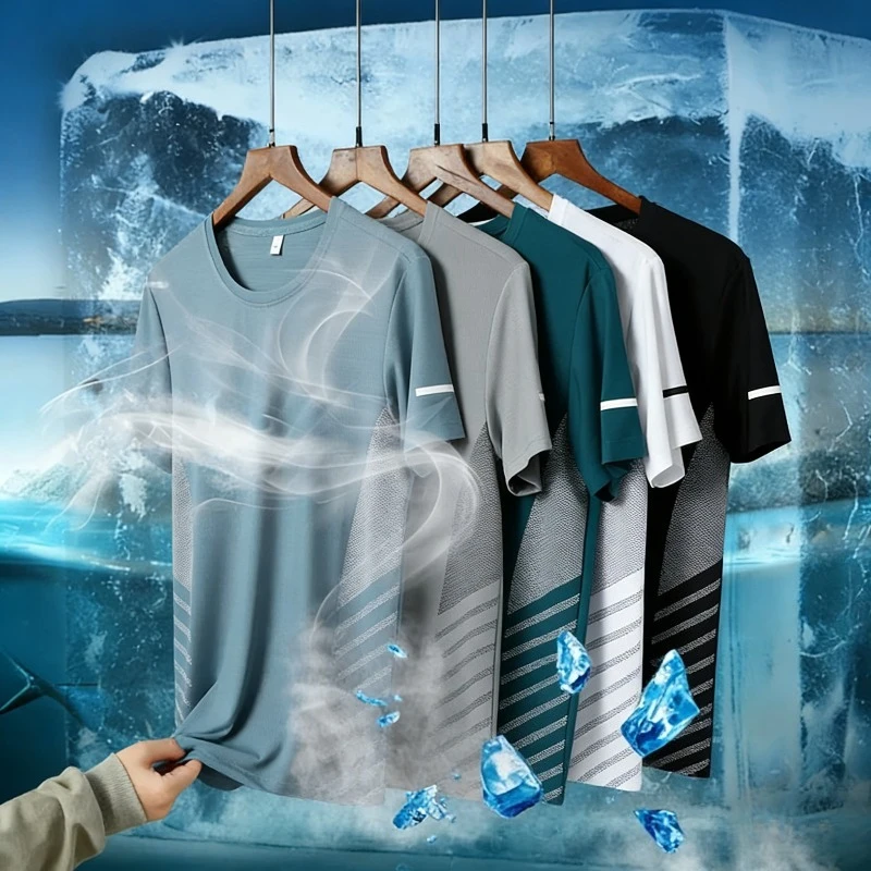 

Running T-shirt Men Summer Ice Silk Thin Top Reflective Printing Quick Dry Short Sleeve Breathable Fitness Sports T-shirt 5XL