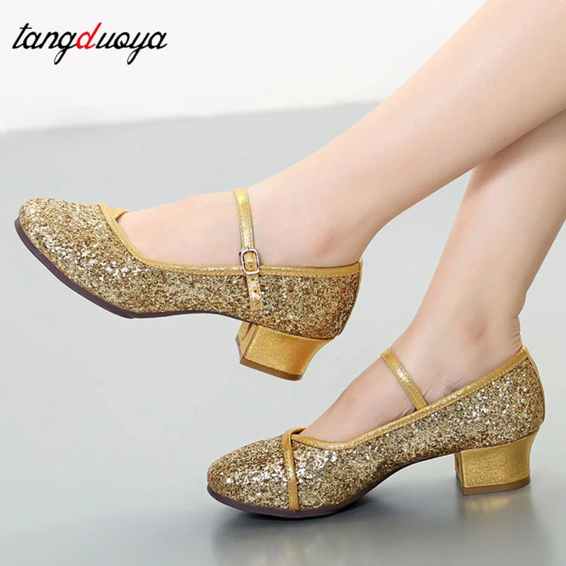 Women's Sequin Professional Latin Dance Shoes Low-heeled Shoes Closed Toe Salsa Tango Ballroom Dance Shoes zapatillas mujer
