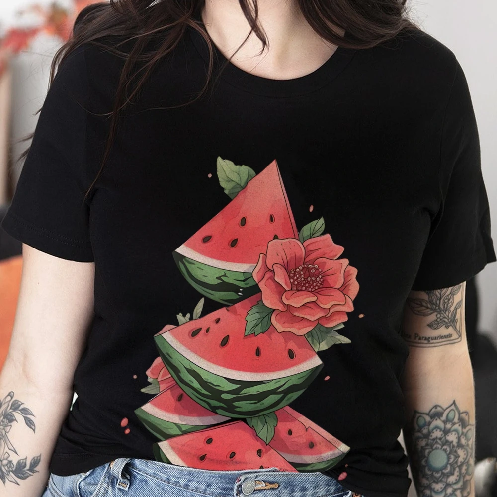 

Y2k Graphic T-Shirt, Watermelon with Floral Accents Print, Fresh & Vibrant Clothes, Soft Fabric for Summer - Loving Casual Looks