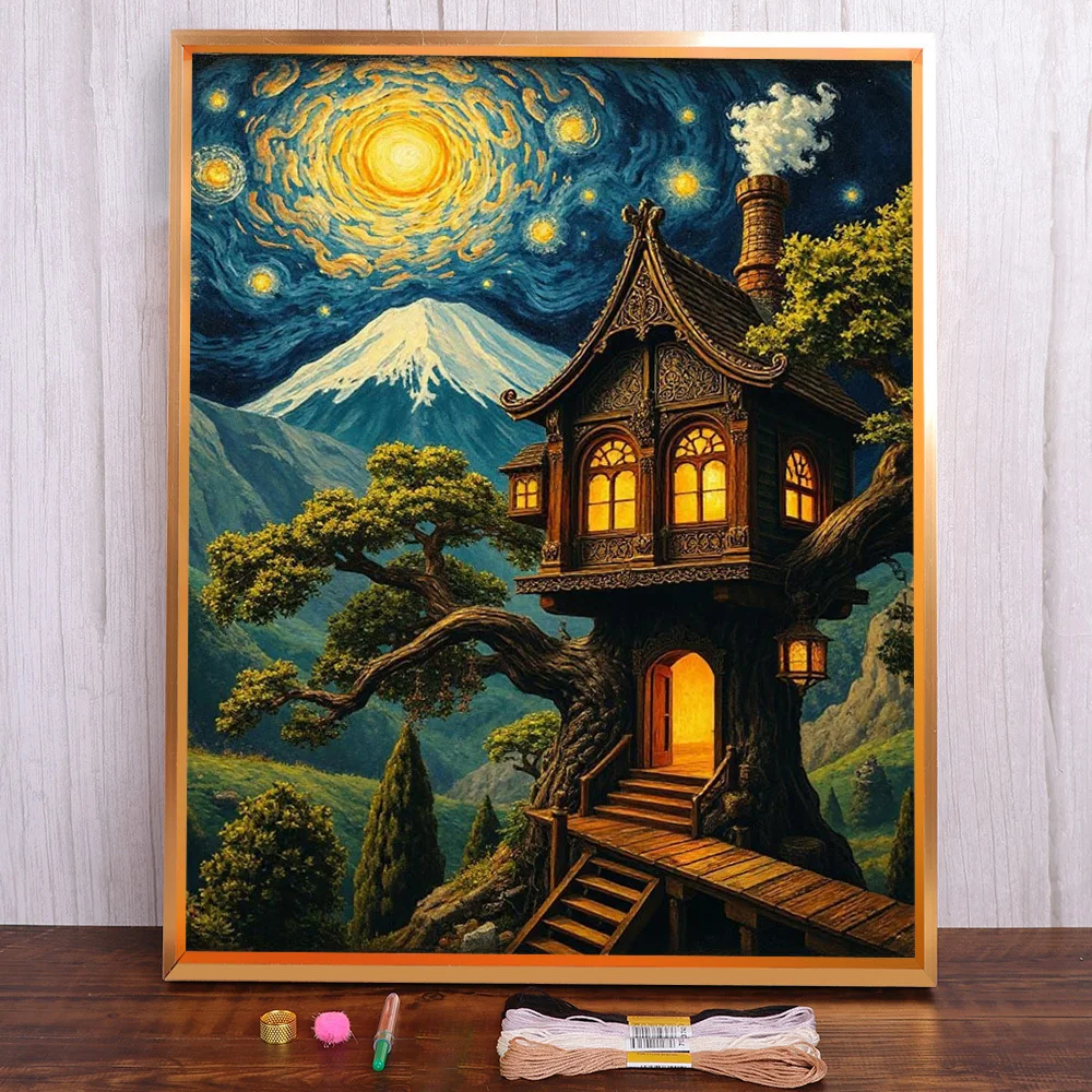 

Landscape Tree House Printed Cross Stitch Embroidery Complete Kit Handiwork Needlework Handicraft Craft Mulina Needle Room Decor