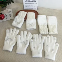 Y2K Rhinestone Bunny Knitted Gloves Sweet Bow Winter Thickened Cute Cat Half Finger Gloves Women Lolita Mittens JK Accessories
