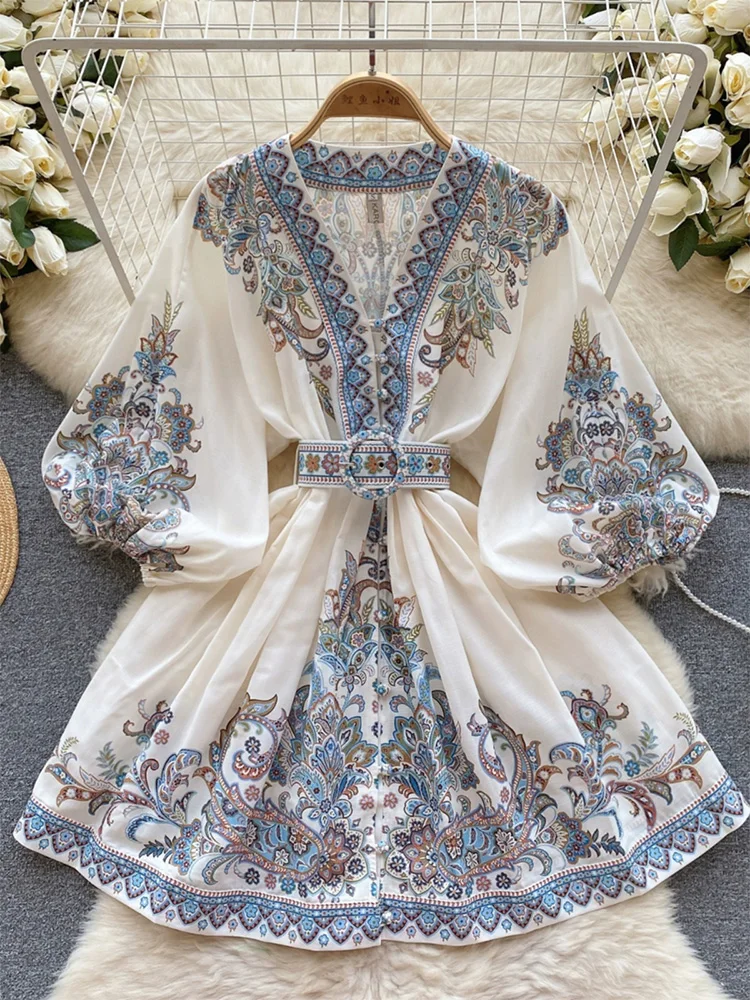 Robes bohèmes pour femme 2024 col en v manches 3/4 printemps été vacances robe courte avec ceinture boho vintage robe imprimée cachemire