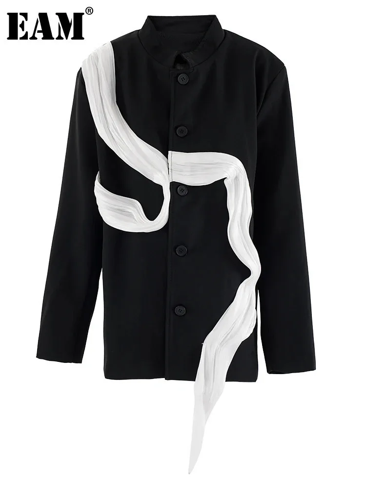 

[EAM] Women Black Ribbon Color-block Big Size Blazer New Stand Collar Long Sleeve Jacket Fashion Tide Spring Autumn 2024 CPG2037