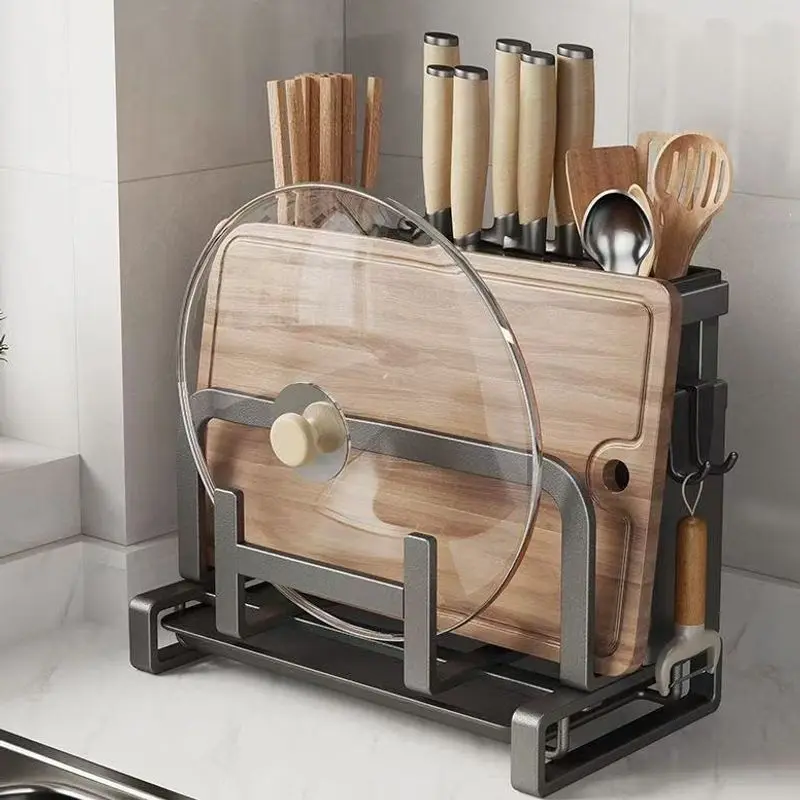 Carbon Steel Cutting Board Knife Organizer Double Pp Utensil Cups Hooks Black Or White Kitchen Rack Countertop Wall Versions Pot