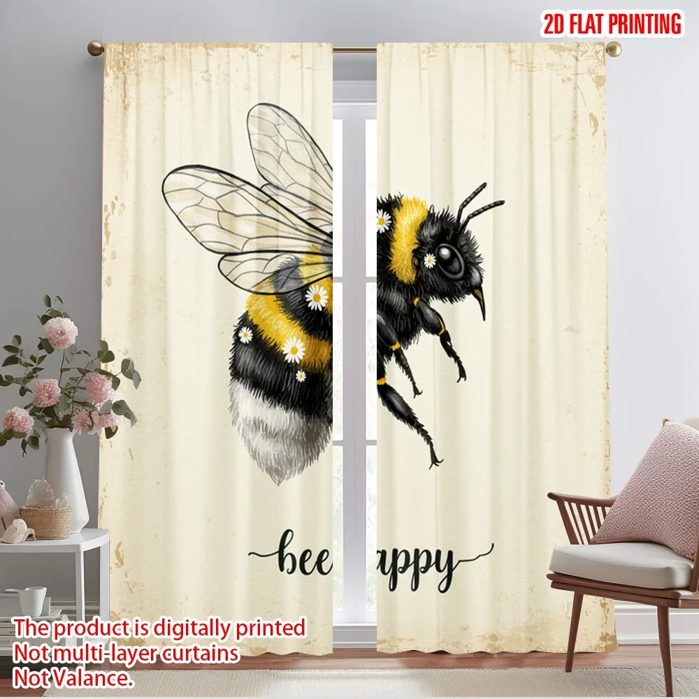 

2pcs 2D flat printing Curtains Bumblebee Flower Happy 100% Polyester Without Electricity Party Decorations Perfect for Indoor
