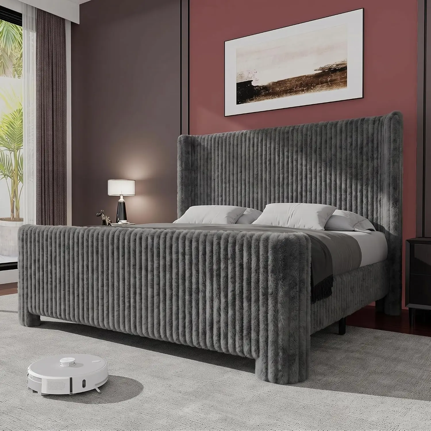 King Bed Frame Faux-Fur Wingback Headboard Upholstered Platform Wood Slats No Box Spring Gray, Customized