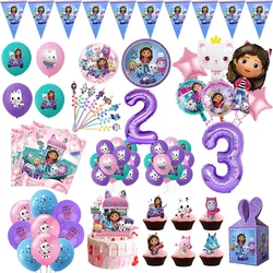 Gabby Dollhouse Birthday Decoration Balloons Tableware Cup Plate Backdrop Set Gabby Dollhouse Cats Party Deco Kit Girls Supply