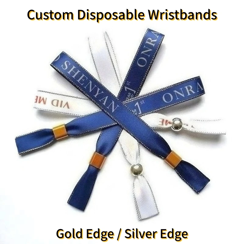 

Одноразовые браслеты на заказ, серебряные/золотые края, полиэстер, персонализированные идентификационные браслеты для мероприятий, браслеты 50/100 шт.