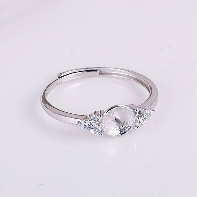 

925 Sterling Silver Women Engagement Wedding Ring 7-10mm Pearl Round Beads Semi Mount Ring Setting Zircon