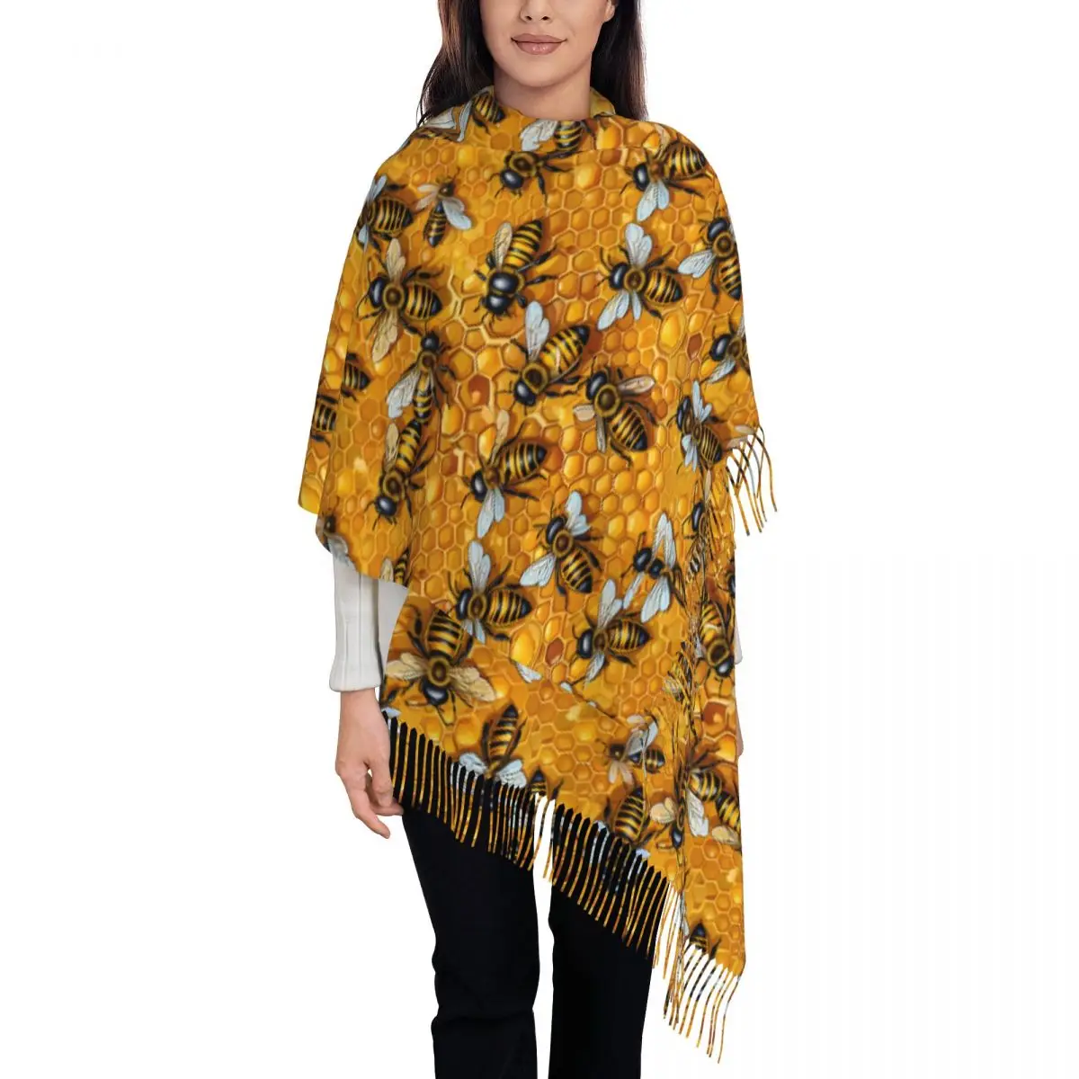 

Custom Honey Bees Scarf Wrap for Women Long Winter Warm Tassel Shawl Unisex Scarves