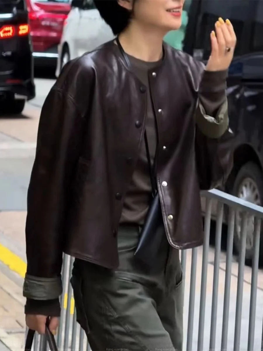 

Women's ort Lamb Leather Jaet round Ne Loose Top Double-Sided Wear Tannery Leather Coat Sli Commute Sle 2024