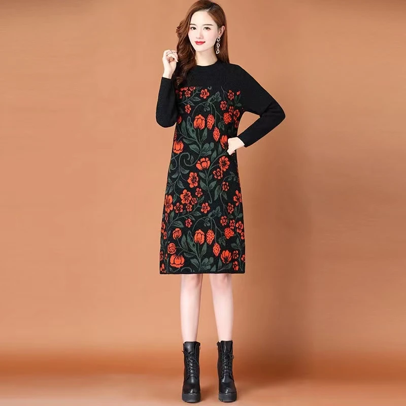 

Autumn Winter Knitted Cotton Thick Warm Midi Sweater Dresses 2024 Korean Vintage Casual Pullovers Women Elegant Bodycon Sweaters