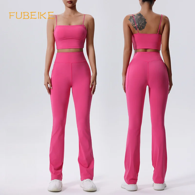 

FUBEIKE Rose Red Nude Feel Yoga Clothes Suit Women's Skinny Slimming Fitness Breathable Running Underwear Sports Set