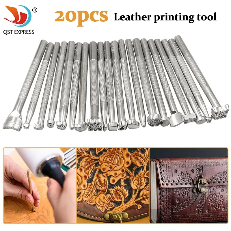 

Tools for Leather Craft DIY Artwork 20pcs Leather Stamp Printing Tool Kit Alloy Stamp Punch Set Carving Saddle Making