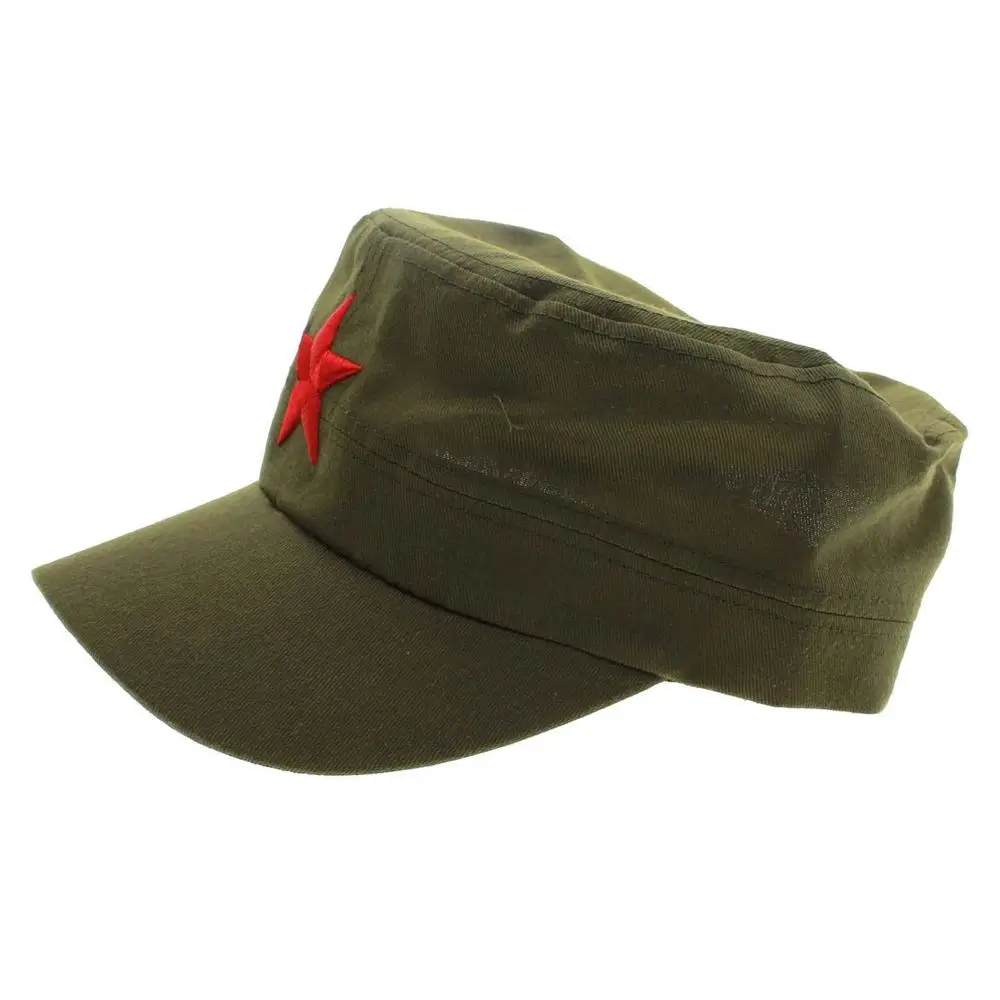 Topi Kain Katun Merah Bintang Tiongkok Unisex Model Tentara Hijau Polos