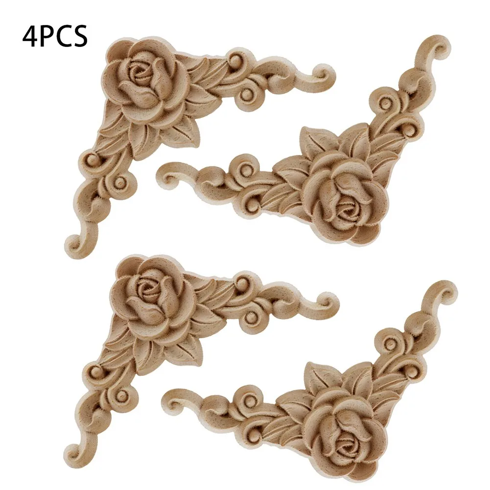 

4Pcs Wood Appliques & Onlays For Furniture 3.15" X 3.15"(8x8cm) Handmade Carved Unpainted Corner Decoration For Home Funiture