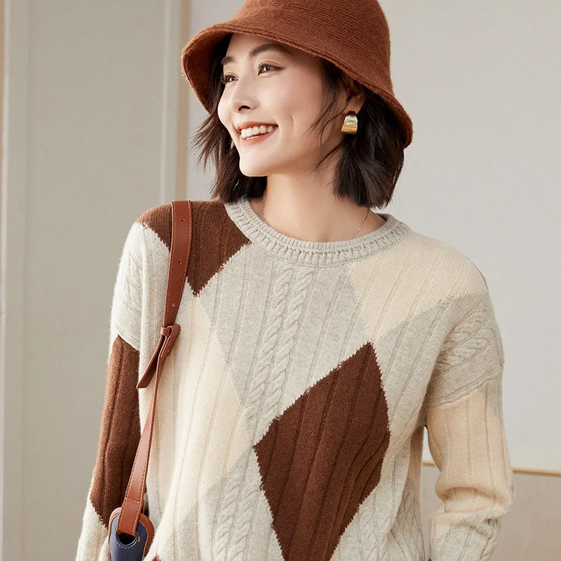 

Autumn and Winter New Women's Sweater 100% Pure Wool O-Neck Knitted Pullover Long Sleeve Soft Loose Korean Fashion Top