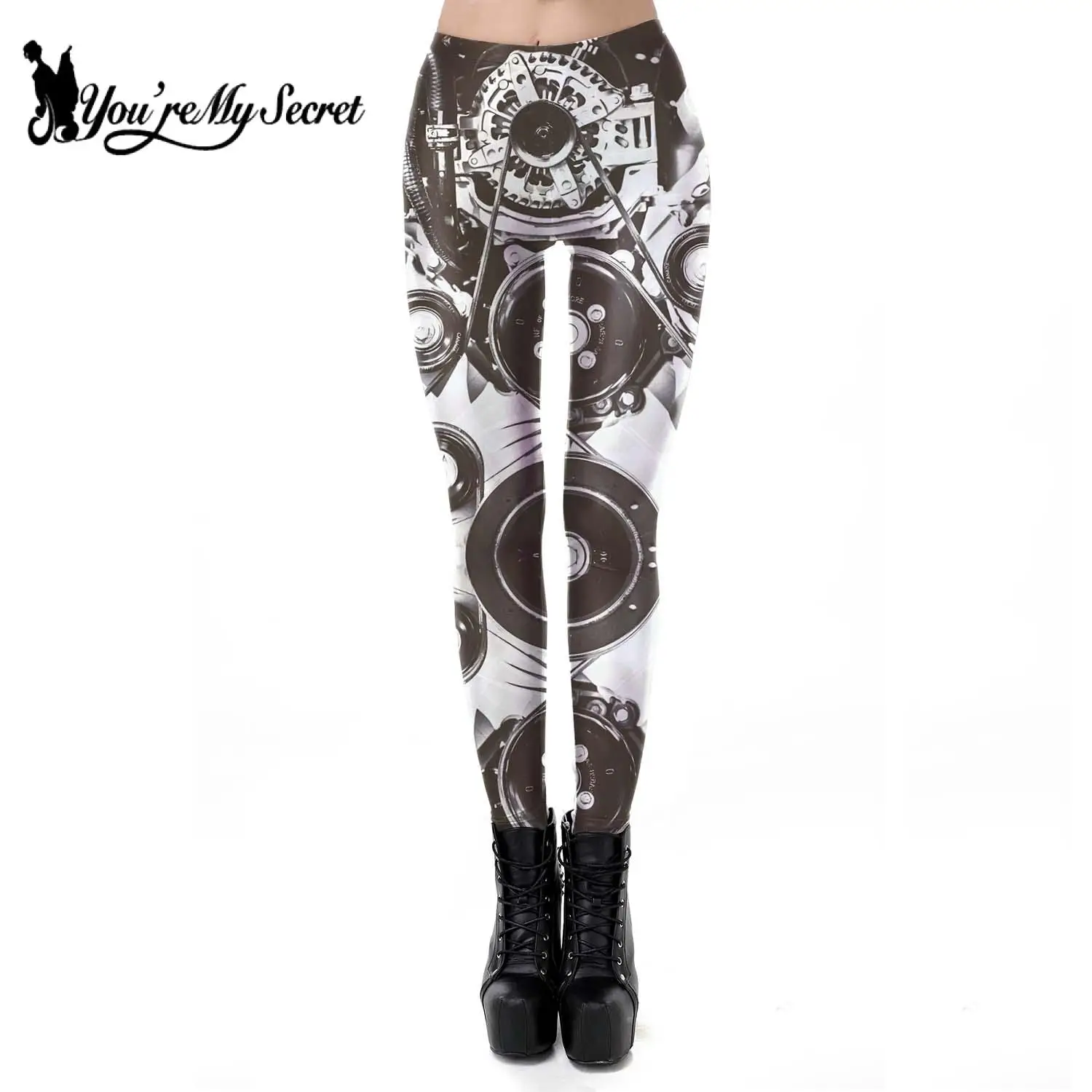 [Vous êtes Mon Secret] Leggings Femmes Vintage Engrenages Mécaniques 3D Imprimé Taille Médiale Femmes Pantalons De Fitness Sans Couture Noir Punk