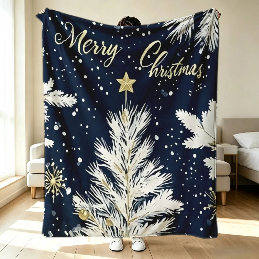 Vintage Blue-Gold Christmas Tree Reindeer Snowflakes Print Flannel Throw Blanket, 2D Flat Single-Sided Printed Holiday Blanket