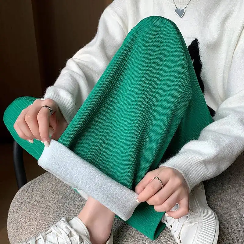 2025 hiver polaire doublé chaud femmes couleur unie pantalon à jambes larges femme confortable élastique taille haute pantalon femme
