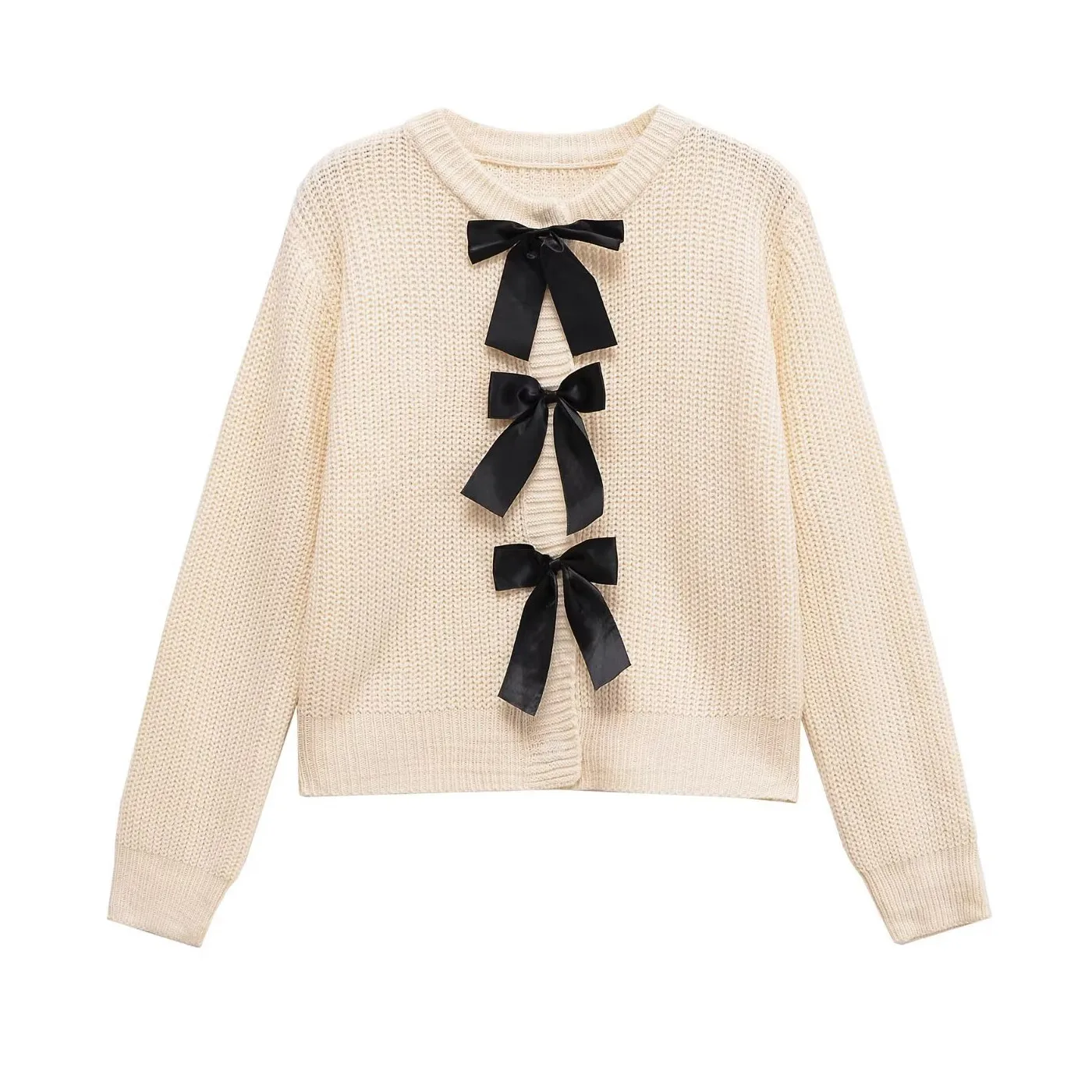 

PB&ZA2025 Autumn New Women's Clothing Contrast Color Bow Soft Slim Round Neck Long Sleeve Knitted Cardigan Sweater