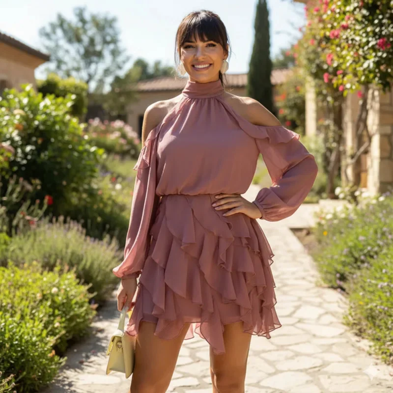 

Fashion Women Elegant Chiffon Mini Dress Halter Neck Cold Shoulder Long Sleeve High Waist Ruffle A-Line Dress For Vacation Wear