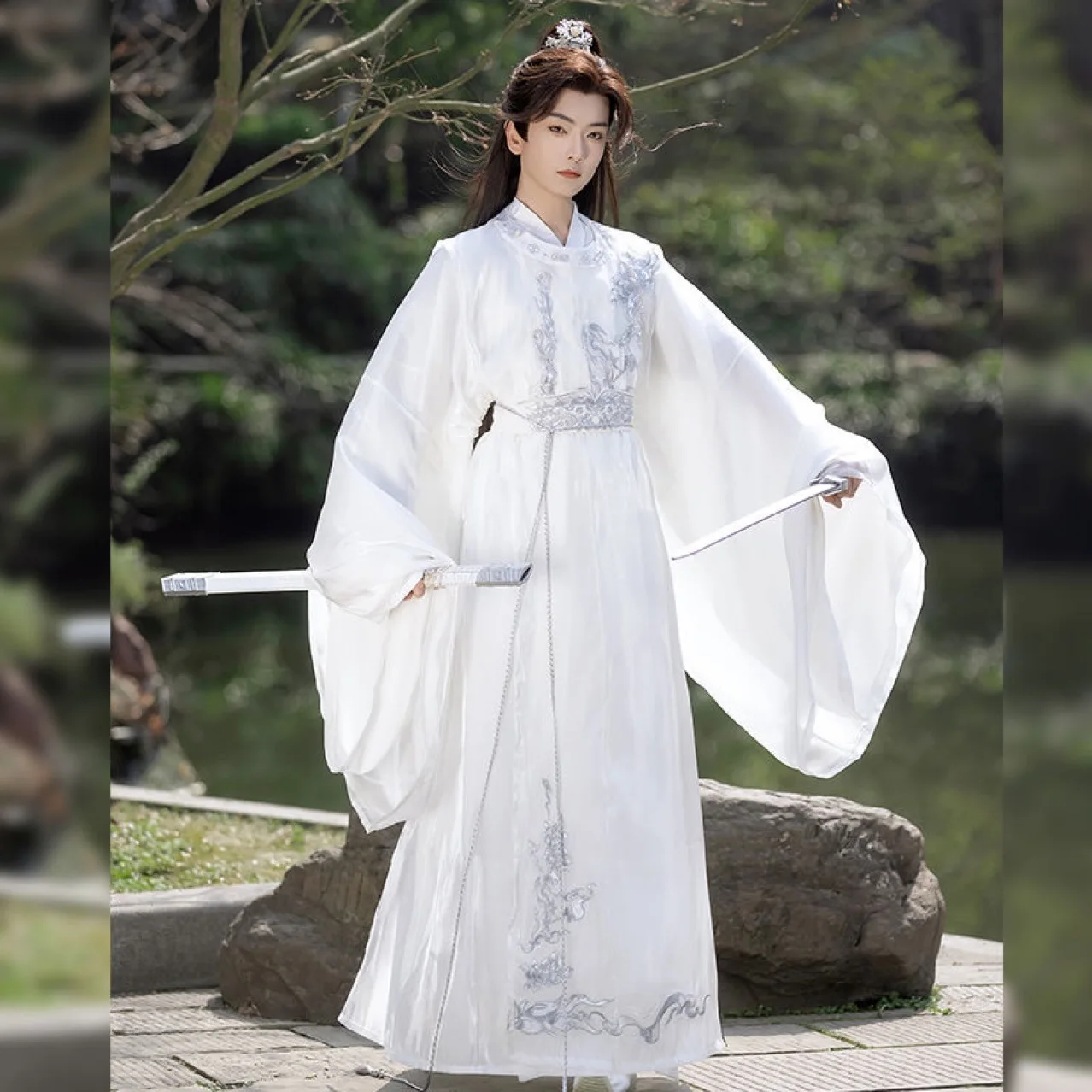 Hanfu Embroidery round Neck Gown Spring and Summer New Style White Men's Women's Ancient Elegant