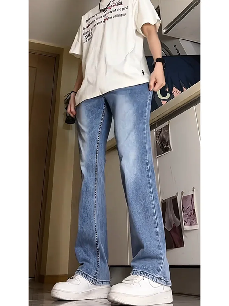 

Light Blue Men's Jeans High Street Straight Knife Leggings Elastic Slim Fit Bell Bot Spring Autumn Wear Youth Faion