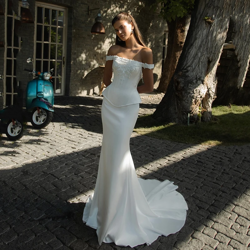 Eightree White Mermaid Wedding Dresses Off The Shoulder Appliques Pearls Bridal Dress Evening Wedding Ball Prom Gowns Customized