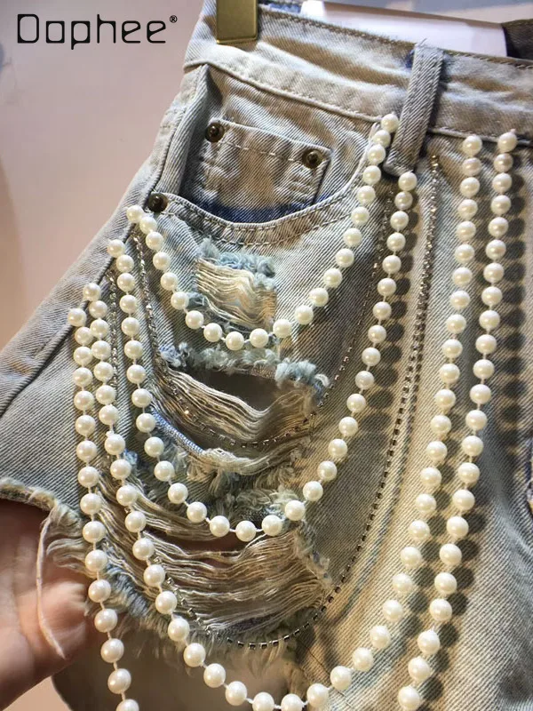 Summer New High-end Heavy Industry Beaded Pearl Chain Denim Shorts Fashion Personality High Waist Slim Ripped Jean Shorts Women