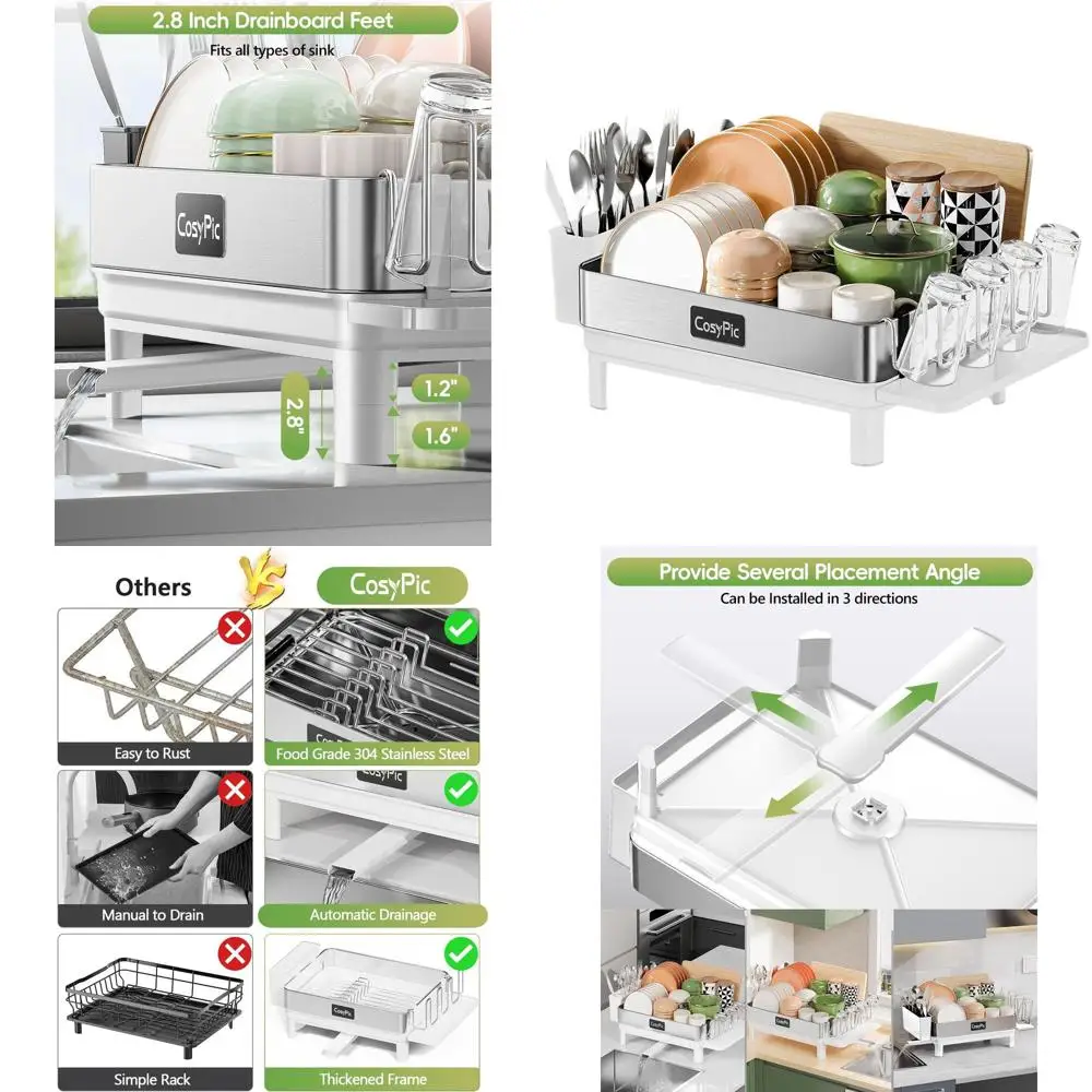 

Stainless Steel Dish Rack with Automatic Drainage, Utensil and Cup Holders, White