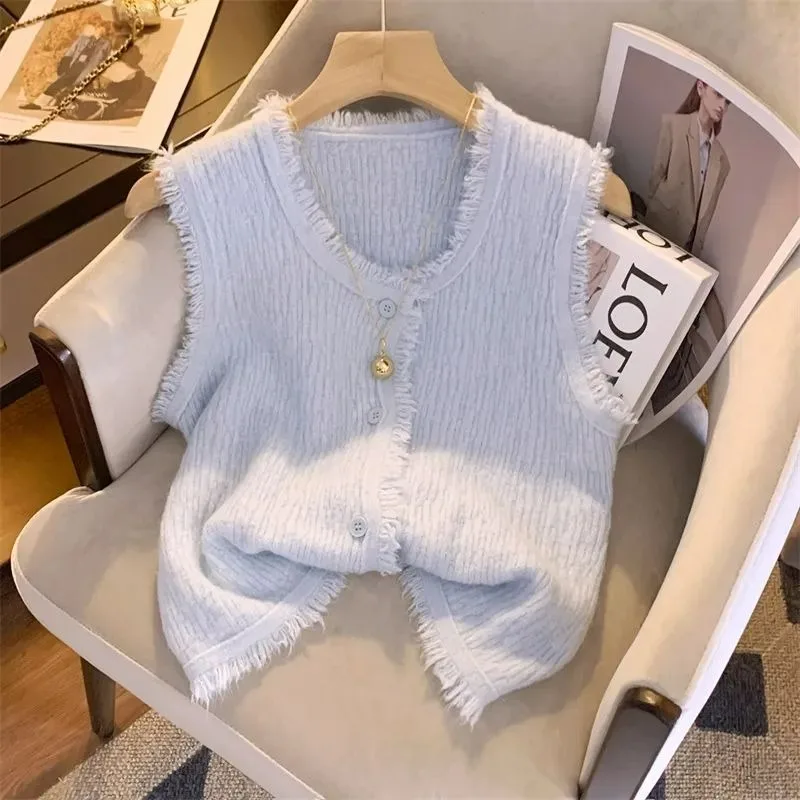 Tassel Temperament Commuter Versatile Women's Outer Wear 2024 Autumn New French Gentle Sweet Stacked Knitted Vest