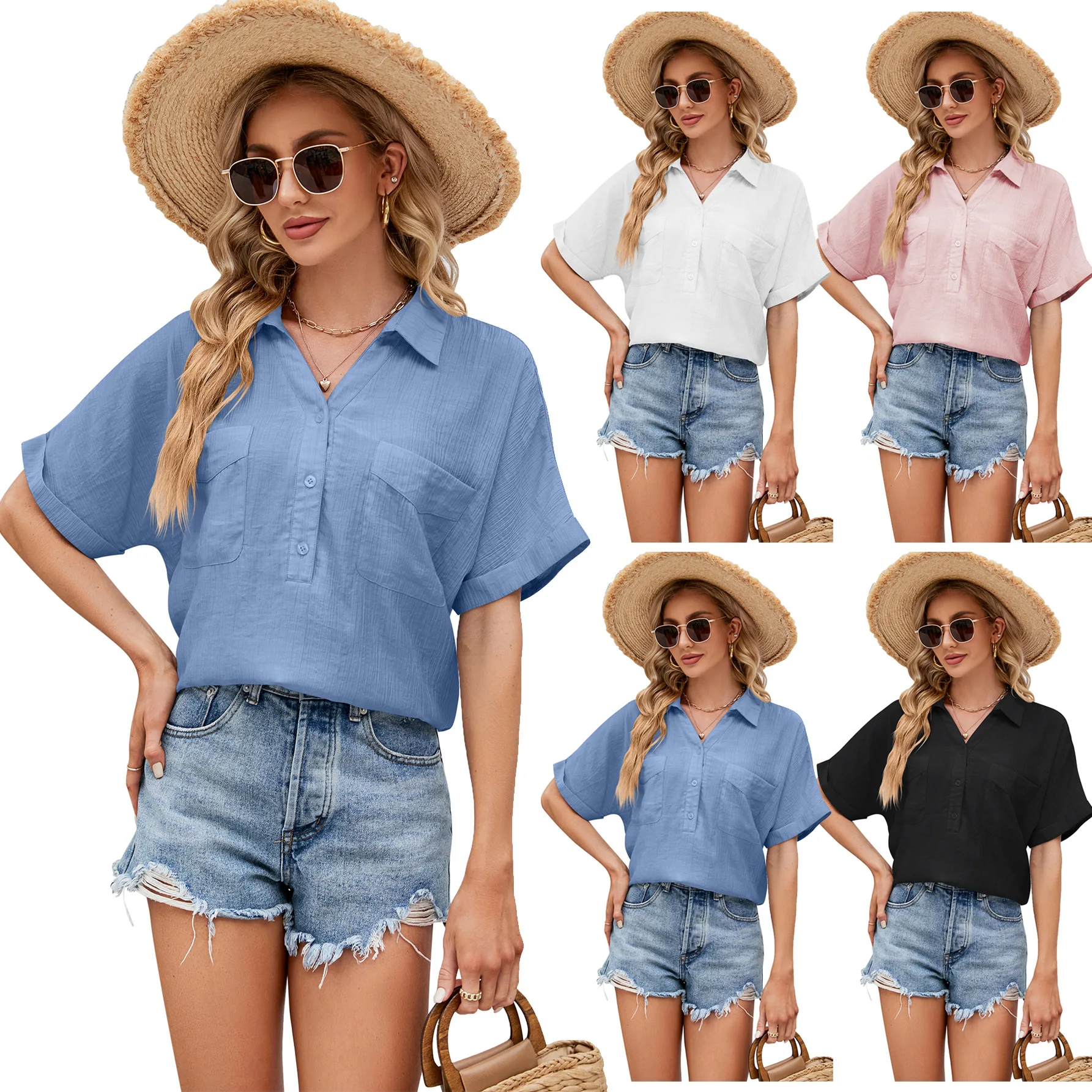 2024 Summer Women's T-shirt Breathable Shirt Short Sleeved Buckle Pocket V-neck Top Women Casual T-shirt Soft Comfy Tops Tees