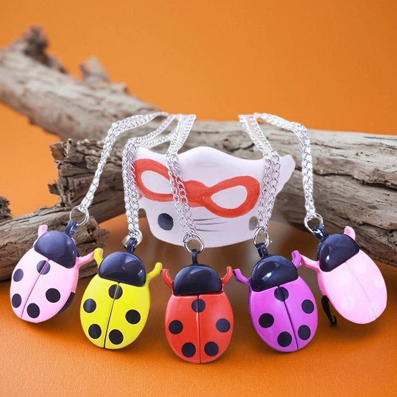 new children boys girls cartoon ladybug necklace pocket watches little kids students lovely cute flip electric clock 9 colors