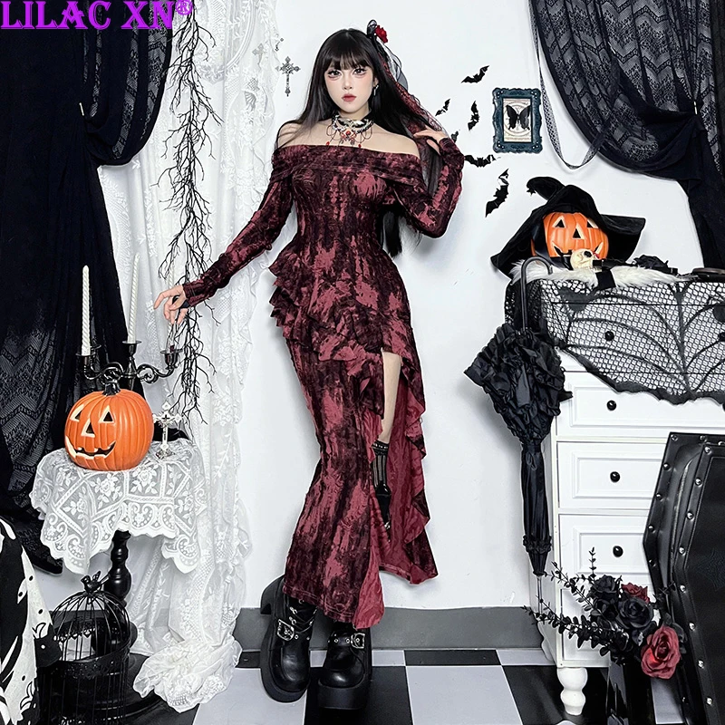 Goth Sexy Off Shoulder Ruffle High Slit Bodycon Long Dress Y2K Vintage Red Black Tie-dye Slim Party Dresses Women Autumn Fashion