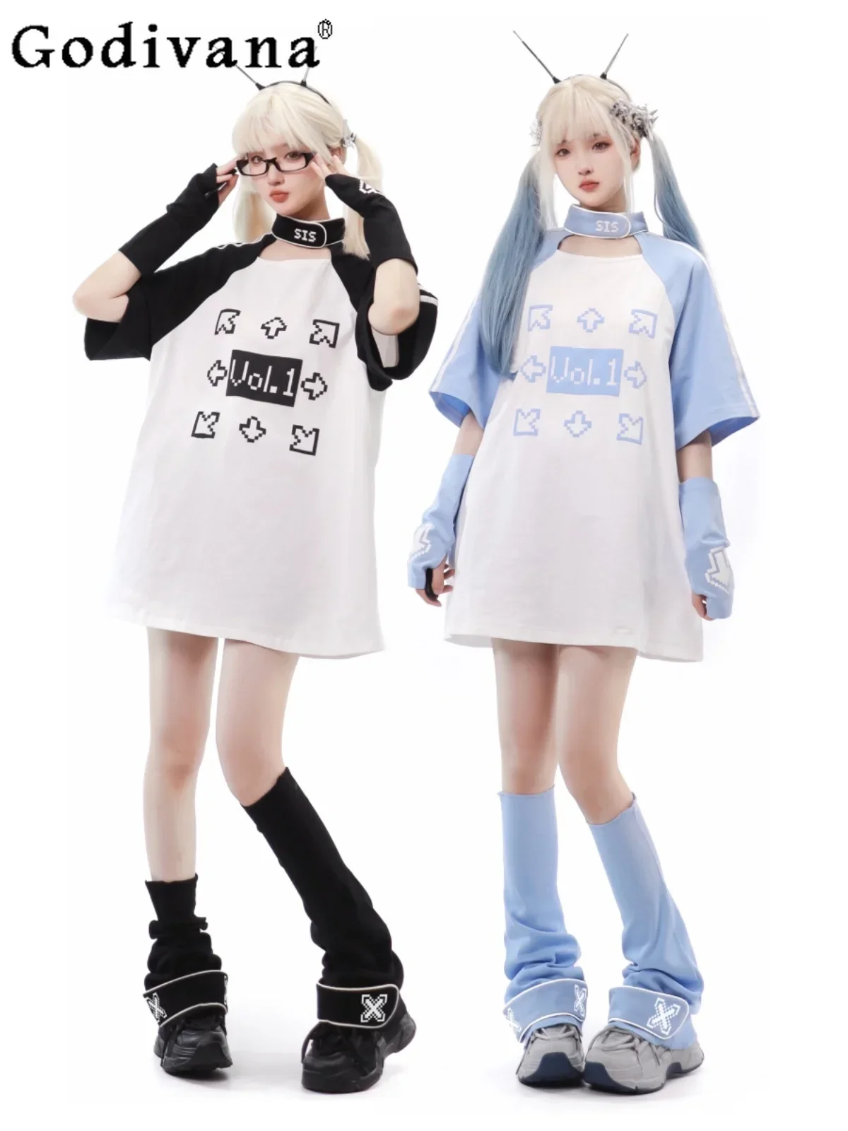 

Mine Mass-Produced Lolita T-Shirts Girly JK Streetwear Mid-Length Oversize Sports Tees Women Shorts Leg Warmer Four-Piece Set