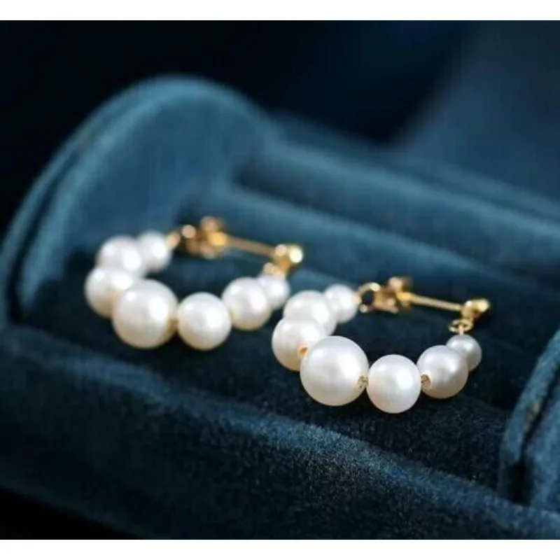 Fashion AAA + Real Natural White Akoya Pearl Earrings for Women 14K YELLOW GOLD