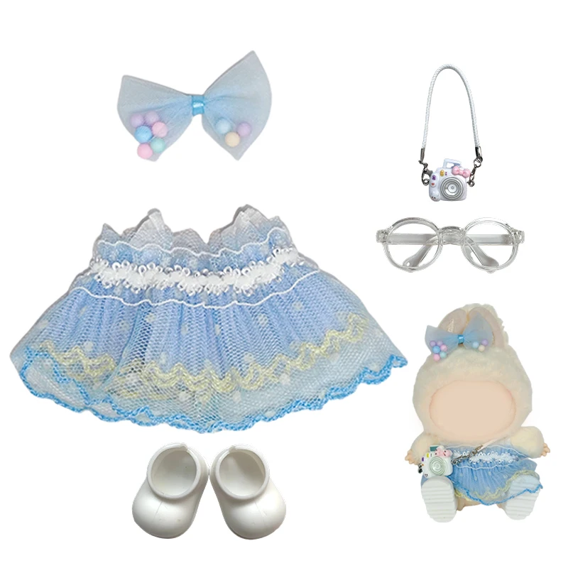 Accessoires de vêtements de mini poupée en peluche de 17 cm pour l'idole K-pop Labubu coréen – tenue jupe de princesse en tulle de soie avec nœud rose brillant