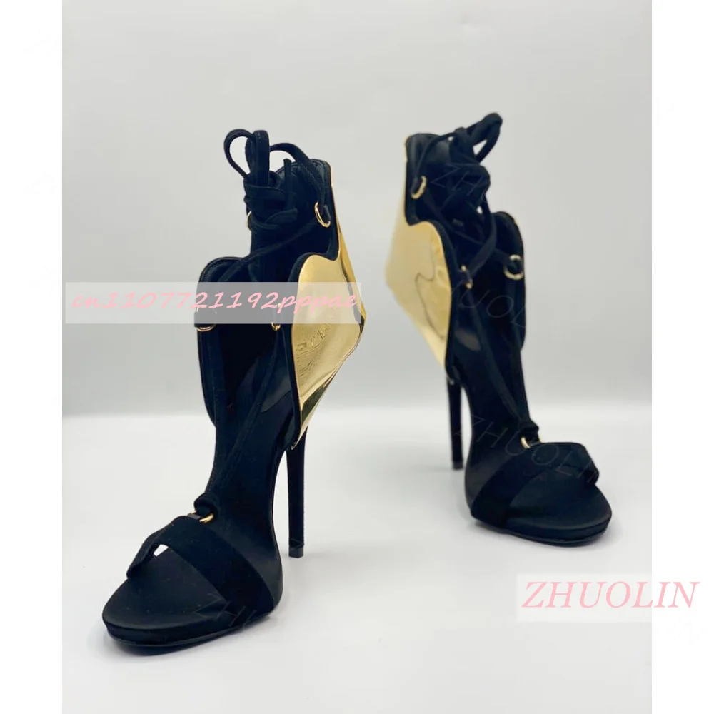 Gold Metal Decoration Open Toe Lace Up Sandals Stiletto High Heel Suede Ankle Tie Women Club Night Party Elegant Dress Heels 46 view 3