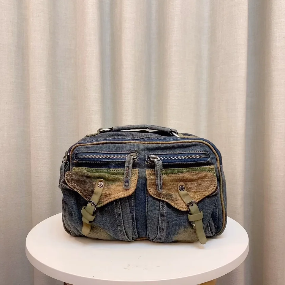 Casual Denim Single Shoulder Handbag Small Crossbody Phone Bag Youth Fashion Zipper Closure Soft Handle Leisure Ethnic Style