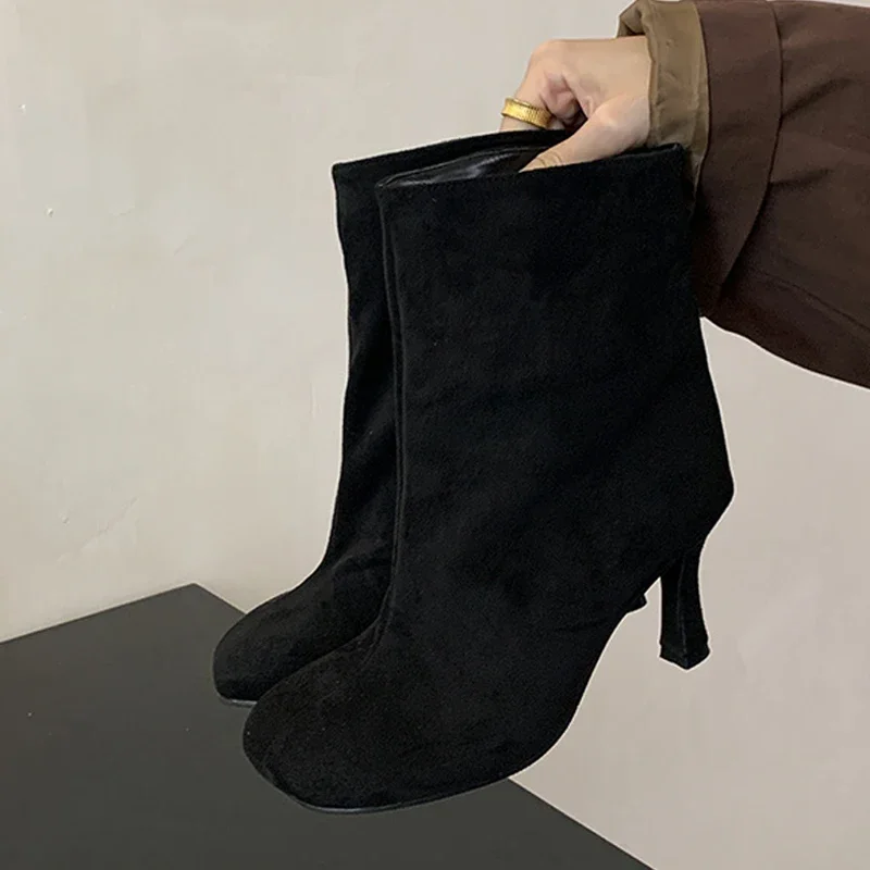 Jesień Zima Botki za kostkę z kwadratowymi noskami dla kobiet Niskie cienkie wysokie obcasy Kobieca sukienka imprezowa Nowoczesne krótkie buty Zapatos De Mujer
