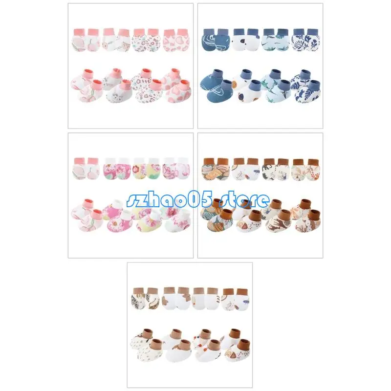 

85LE Set of 4 Infant Cotton Mittens Anti Scratch Hand Cover Soft Breathable Warm Gloves & Socks for 0-6M Boys Girls