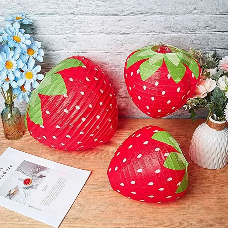 6PCS Strawberry Hanging Paper Lanterns – Cute Strawberry Shaped Decor, 3 Large & 3 Small, For Birthday, Wedding, Garden & Christmas Party, Easy To Assemble & Reusable