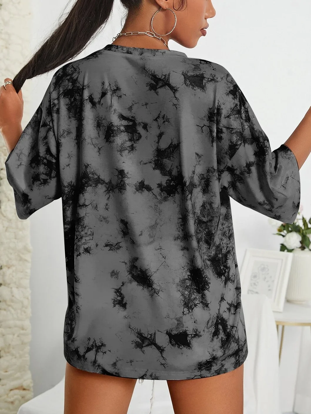 Dames tie-dye print drop-shoulder tee, street fashion casual T-shirt met korte mouwen en ronde hals voor de zomer, los T-shirt