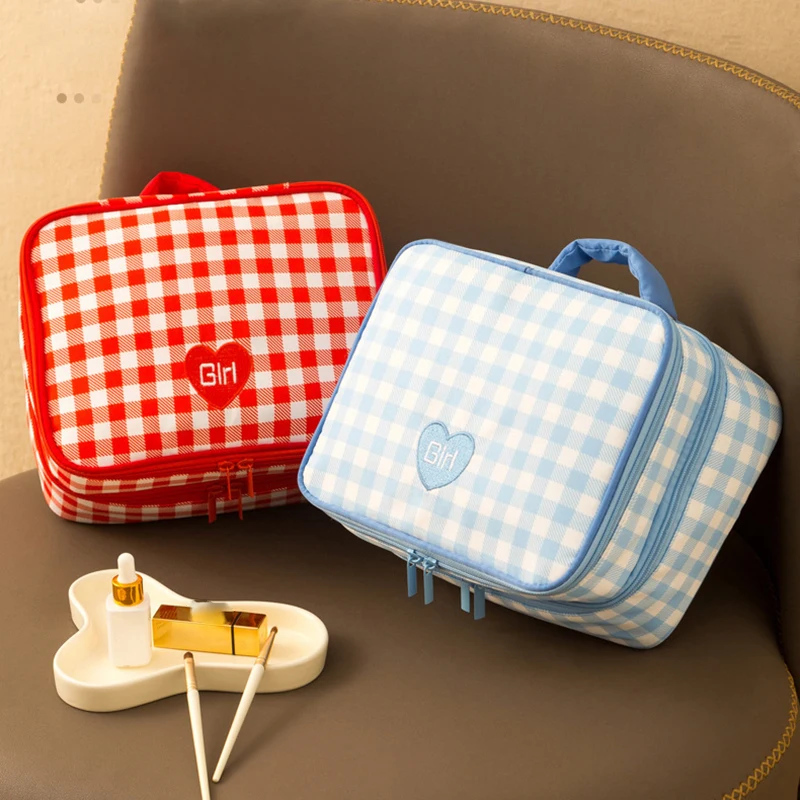 

Трехслойная клетчатая косметичка для женщин, дорожная водонепроницаемая необходимая косметичка для хранения инструментов, косметичка для макияжа, сумка