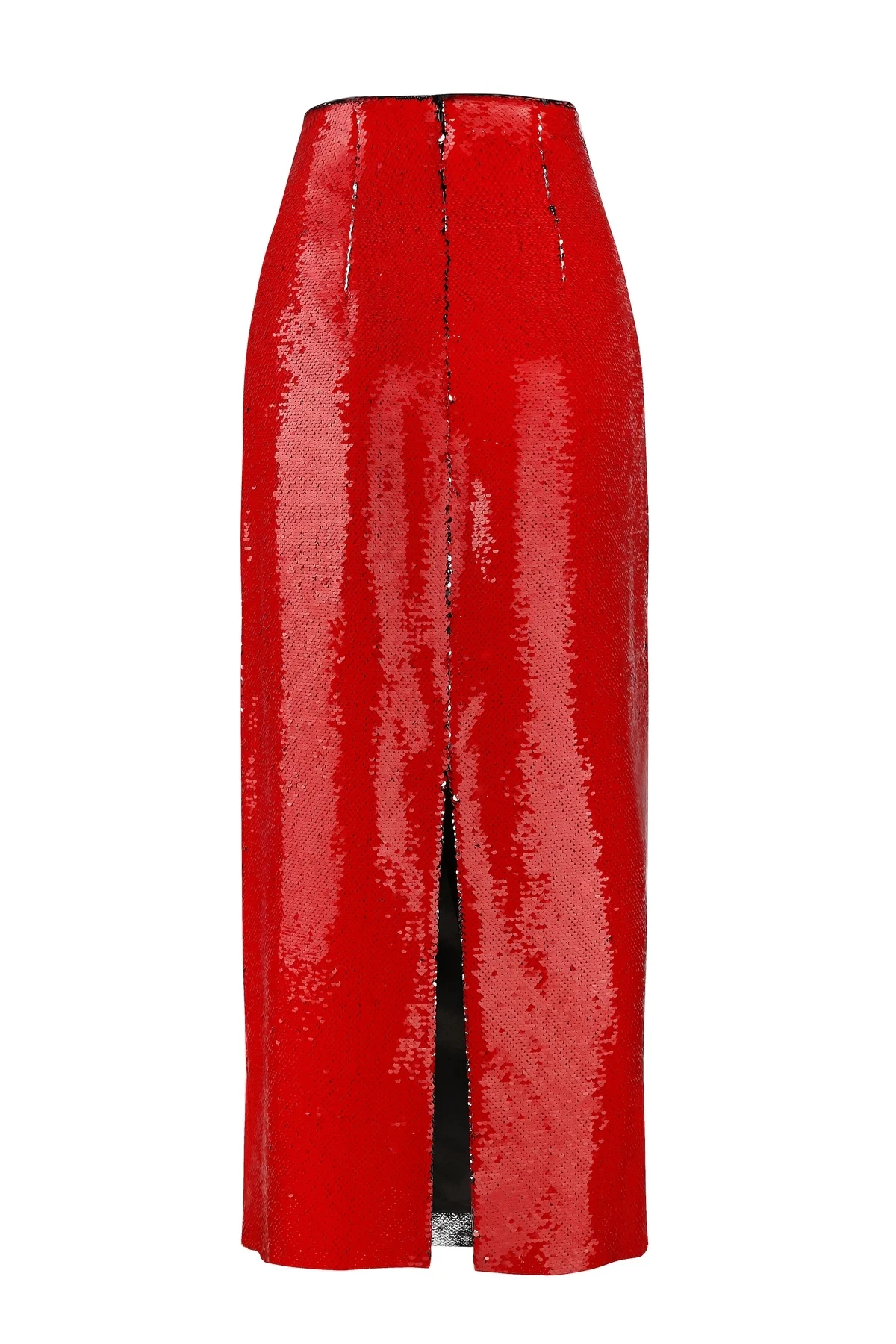 Fashion Red Sparkle Sequined Women Pencil Skirt With Split Back High Street Female Mid Calf Maxi Skirt Office Lady Skirt