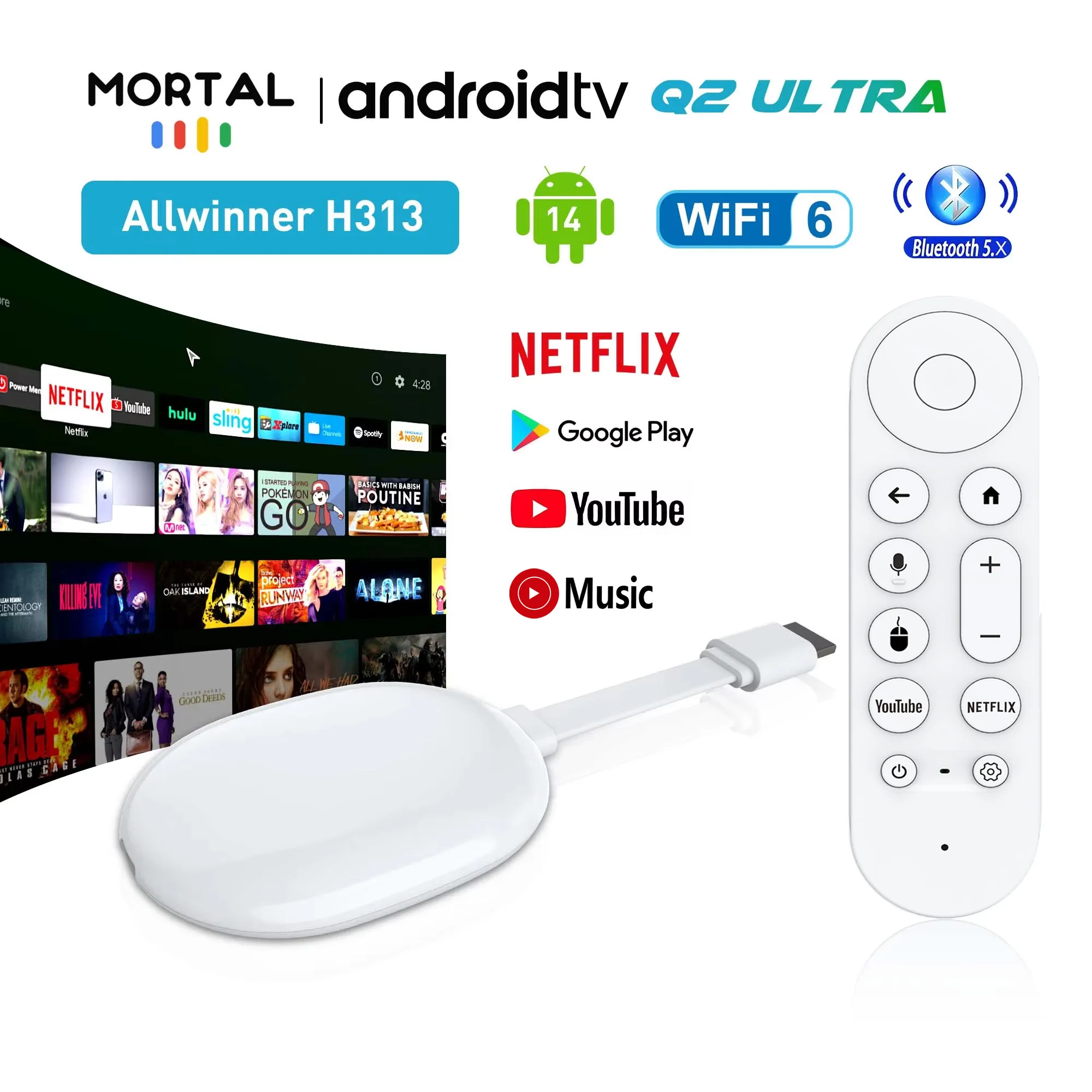 New Mortal Android 14.0 BT5.X 4k Smart TV Stick Q2 Ultra Allwinner H313 2GB RAM 16GB ROM Q2 Ultra TV Stick Dual Wifi 6 TV Dongle
