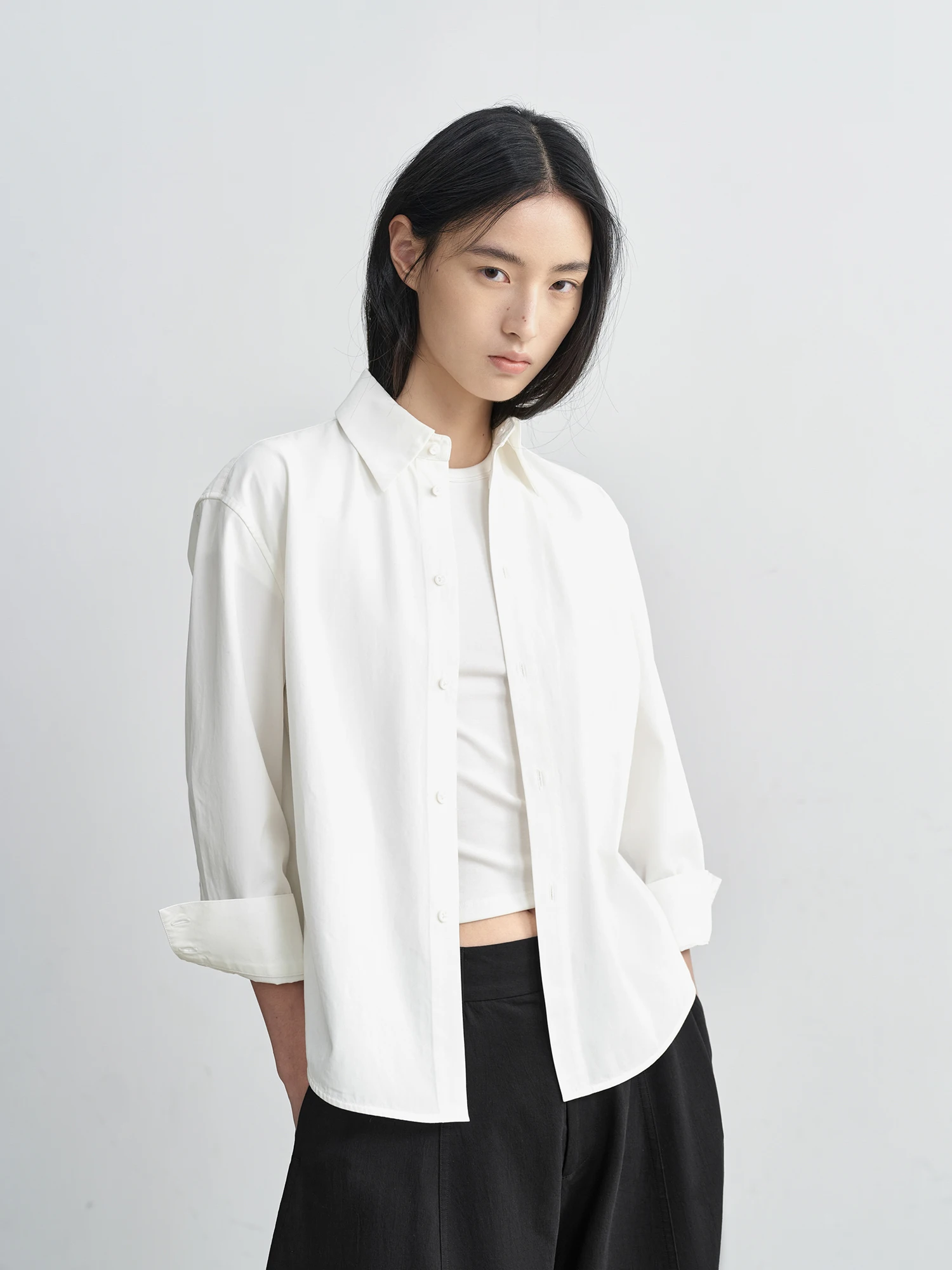 

HaveRice mat Aesthetic Sand Texture Cotton Slim Fit High nce Bla White Pure Color irt Top Women's Faion